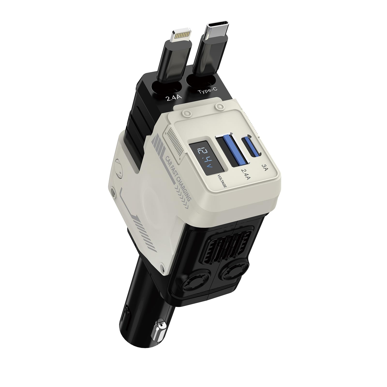 Retractable Car Charger 4 in 1 Retractable Phone Charger with 66W Fast Charging 2 Retractable Cables and 2 USB-C USB-A Port Compatible with iPhone 16/15/14/13/12/11 SamsungGalaxyPixel (White)