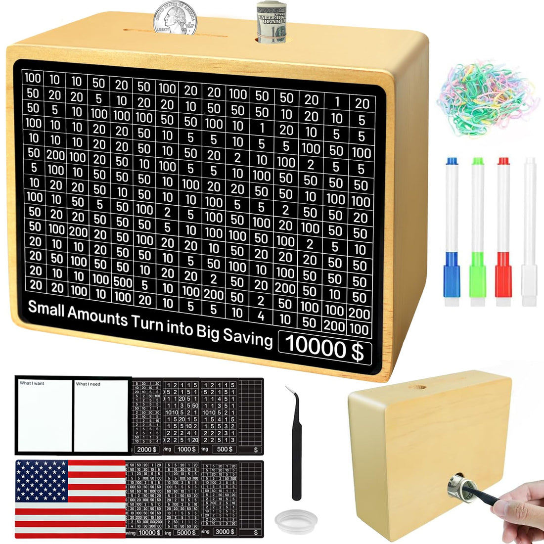 Money Saving Box 10000 10K Savings Challenge Box Reusable Kids Money Banks with Dry Erase Pen (What I Want)