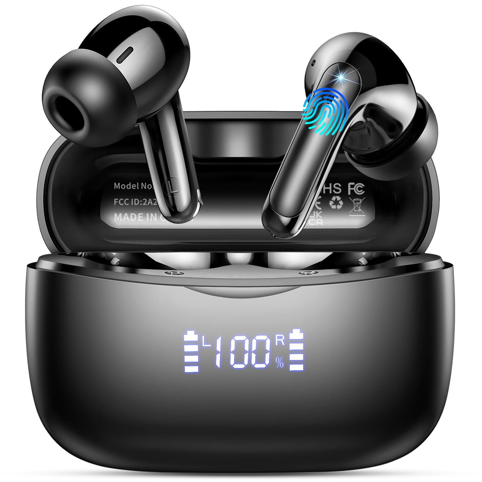 Wireless Earbuds Bluetooth 5.3 Headphones Stereo Deep Bass with LED Display 56H Playtime with Noise Cancelling Mic IPX7 Waterproof in Ear Earbuds for laptops/tablets/mobile phones/sports Black