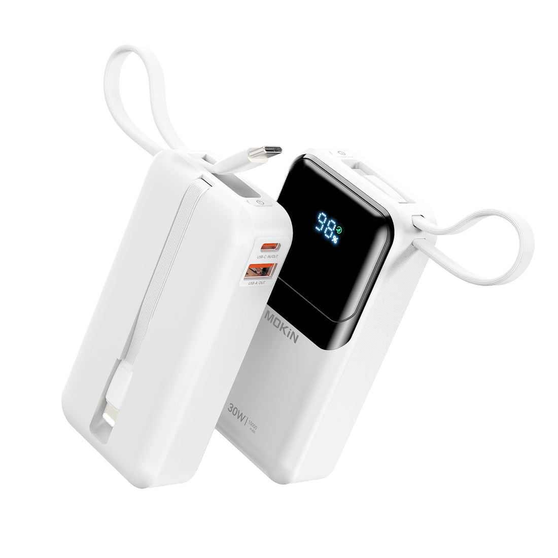 Portable Charger, 10000mAh Power Bank, 30W Fast Charging Battery Pack, USB-C, USB A, Bulit in 2 Cables iOS &amp; Type C, Digital Display, Compact PowerBank Compatible with iPhone 16/15/14/13 - Black