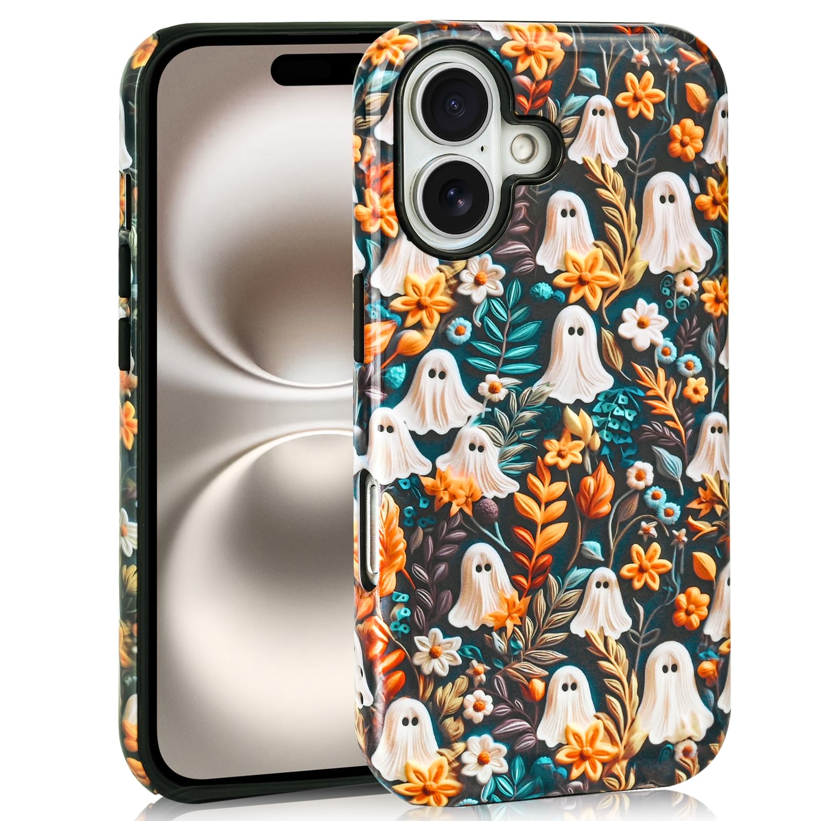 Mainrenka Halloween Cases for iPhone 16 Cute Kawaii Floral Ghost Phone Cover Protective Shockproof Phone Case Flower