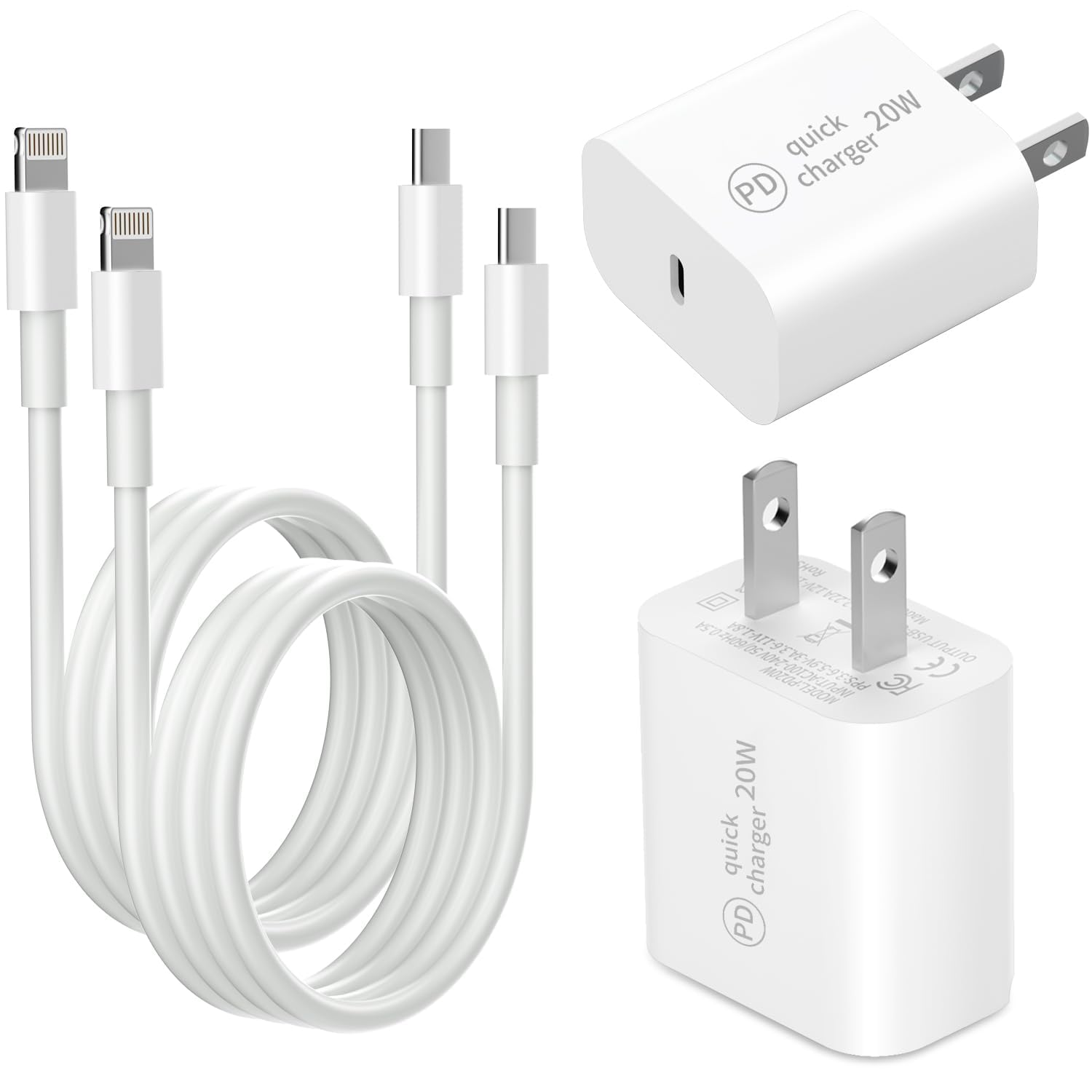 [UL Certified &amp; MFi Certified] 2Packs 20W PD Power Adapter Wall Charger Fast Charging USB C Wall Charger Block with 2Packs 6Feet USB-C Charging Cables