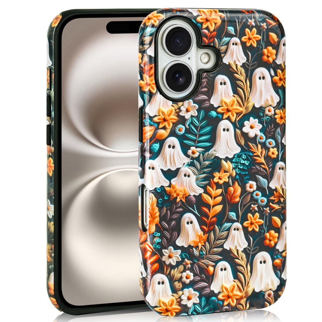 Mainrenka Halloween Cases for iPhone 16 Cute Kawaii Floral Ghost Phone Cover Protective Shockproof Phone Case Flower