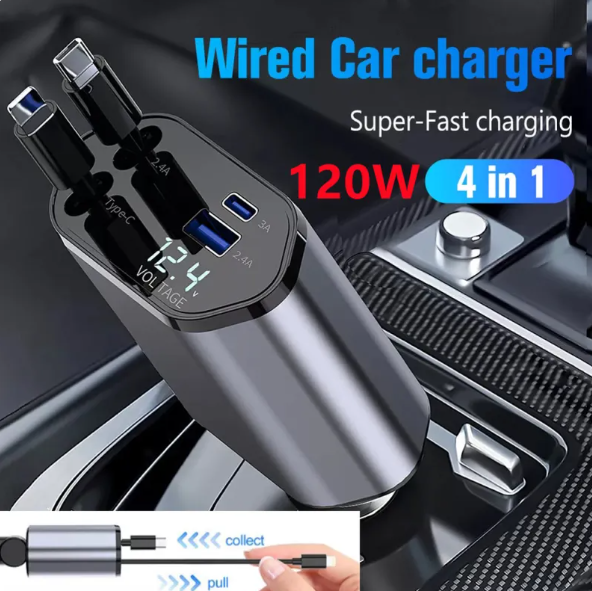 120W Retractable Car Charger with USB &amp; Type-C Fast Charging Cables