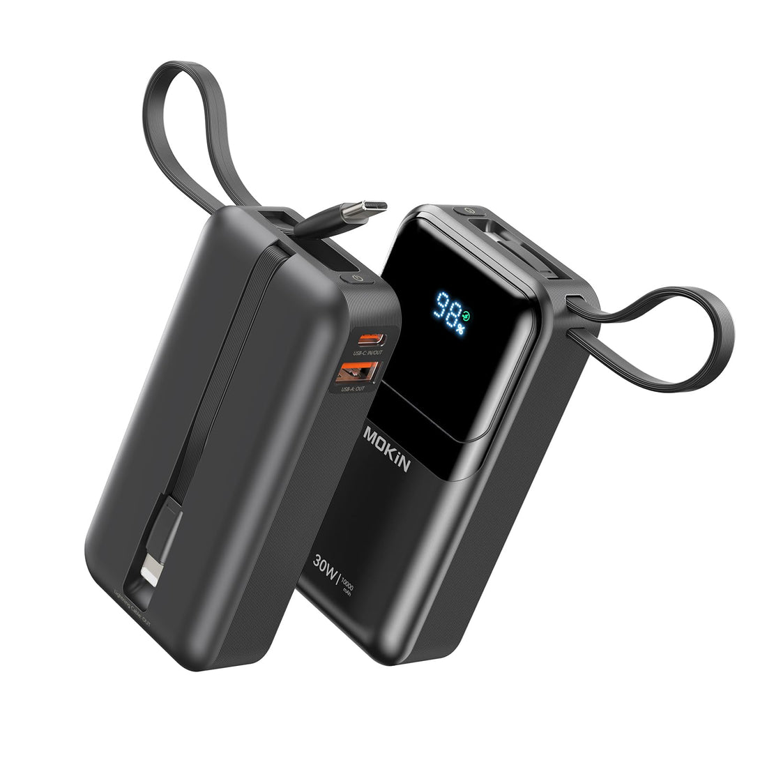 Portable Charger, 10000mAh Power Bank, 30W Fast Charging Battery Pack, USB-C, USB A, Bulit in 2 Cables iOS &amp; Type C, Digital Display, Compact PowerBank Compatible with iPhone 16/15/14/13 - Black