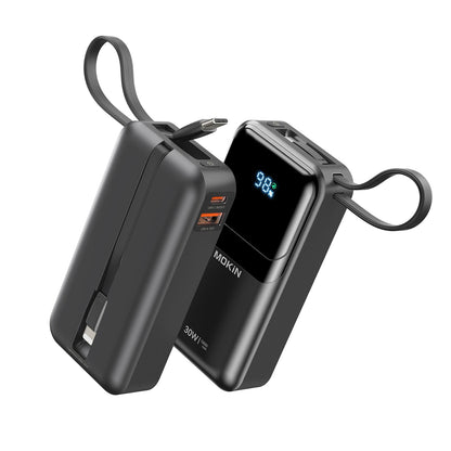 Portable Charger, 10000mAh Power Bank, 30W Fast Charging Battery Pack, USB-C, USB A, Bulit in 2 Cables iOS &amp; Type C, Digital Display, Compact PowerBank Compatible with iPhone 16/15/14/13 - Black